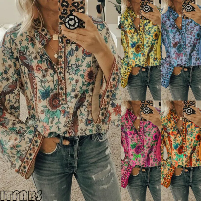 Новинка 2019 популярная винтажная Женская осенне летняя блуза с v образным вырезом