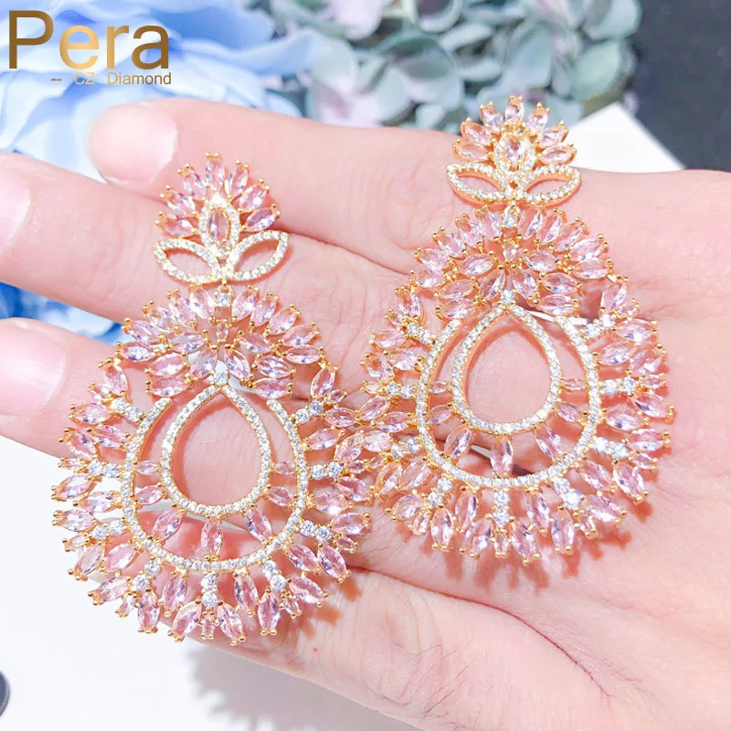 

Pera Noble Romantic Pink CZ Crystal Wedding Bridal Gold Color Jewelry Brilliant Hollow Large Drop Earrings for Dubai Women E480