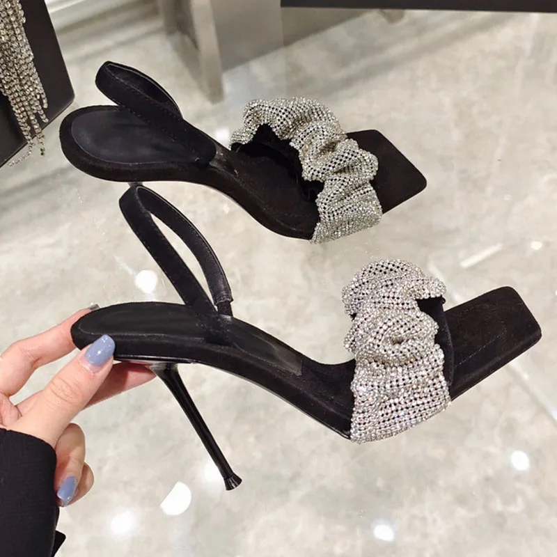 

Hot Sale- new Metal stiletto diamond upper Narrow High-heeled shoes sandals women leather gladiator sandals rivet sandals