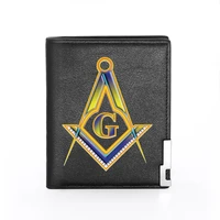 high quality luxury freemasonry symbols printing leather wallet credit card holder short male slim purse for men