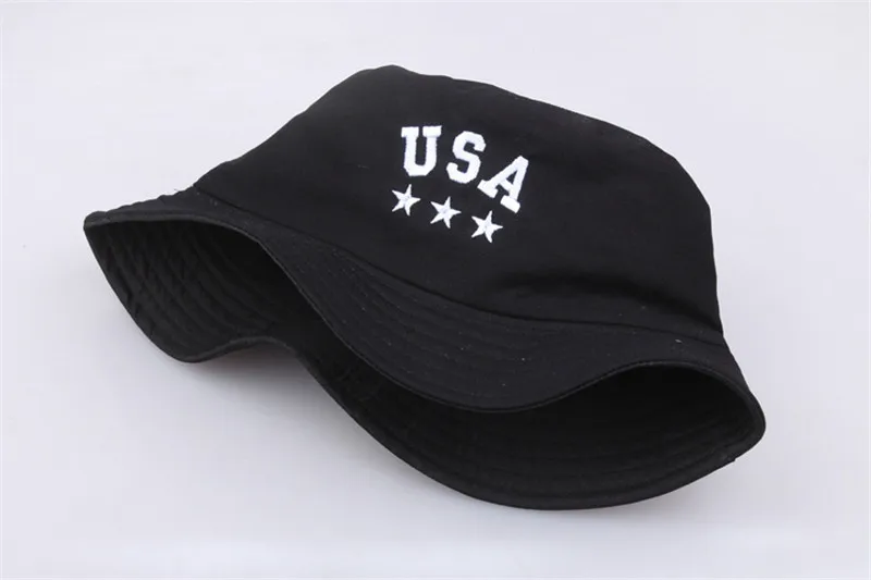 Панама унисекс хлопковая с вышитыми буквами США черная летняя мужская женская