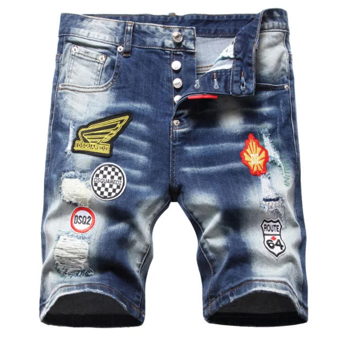 

Новые летние мужские джинсовые шорты D2 с вышитыми значками и эластичными оборками, модные шорты