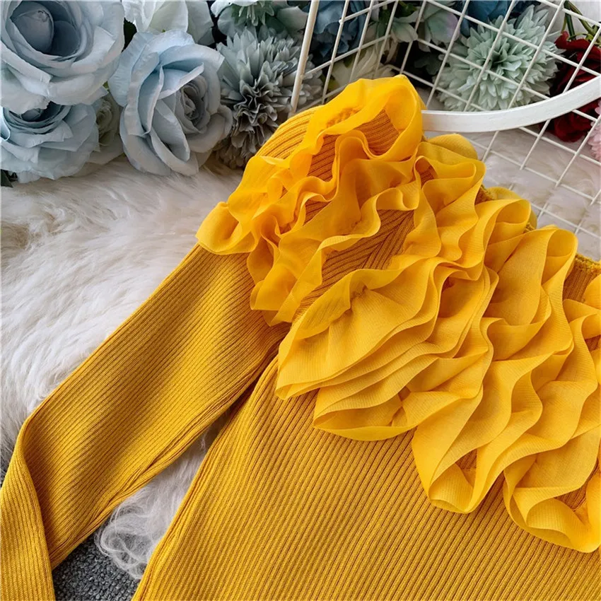 Designer Brand Ruffle 3d Floral Off Shoulder Sweater Women Long Sleeve Knitted Sweaters And Pullovers Slim Jumper Sueter Mujer | Женская