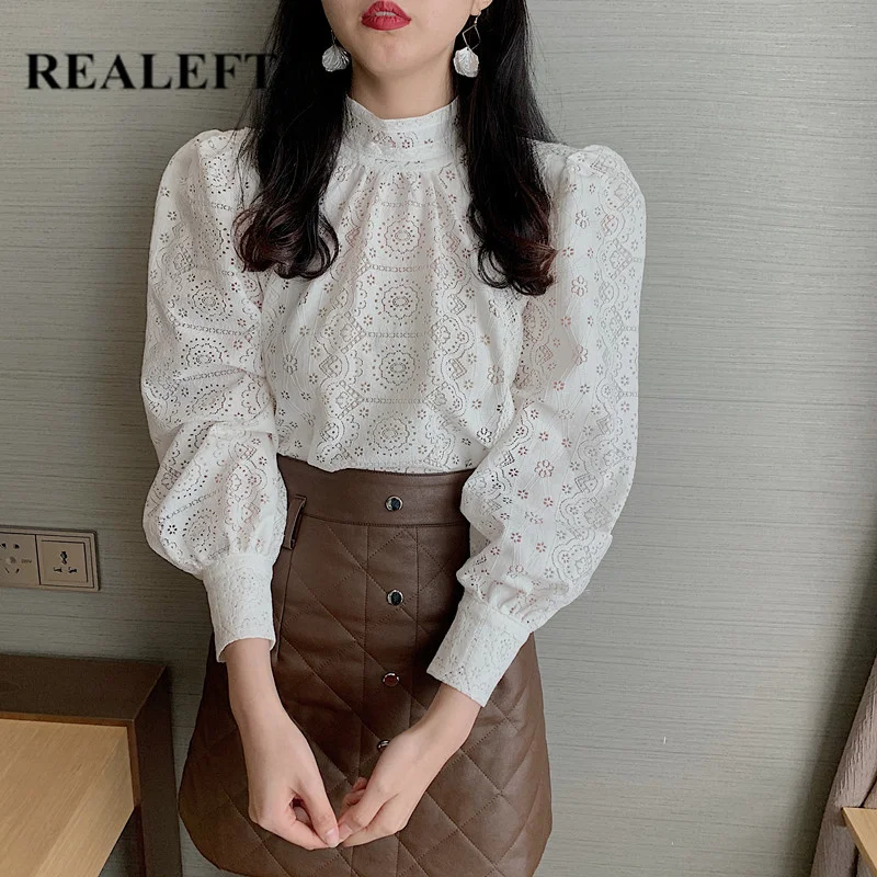 Женская кружевная блузка REALEFT белая ажурная в Корейском стиле с длинным рукавом и
