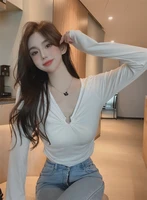 cinessd women sexy tops hollow out v neck solid harajuku female long sleeve fashion slim ladies clothes black white tops