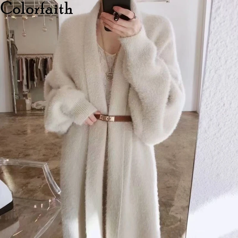 

Colorfaith New 2022 Women's Autumn Winter Sweaters Elegant Oversized Long Cardigans Fake Mink Cashmere Weed Retro Tops SWC3088JX