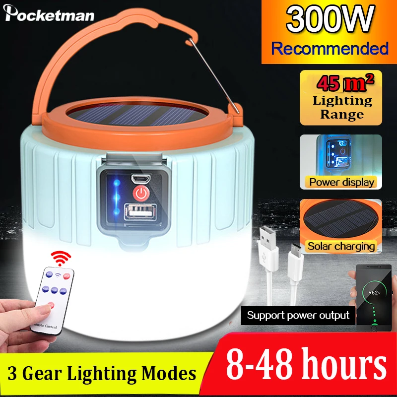 

Portable Lanterns 300W USB/Solar Charging Light Night Market Lamp Energy-saving bulb Outdoor Camping Power Outage Emergency Lamp