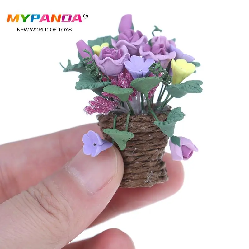 

1:12 Scale Purple Flower Doll House Miniature Clay Flowers In Rattan Pot Planter Fairy Garden Plant Accessories
