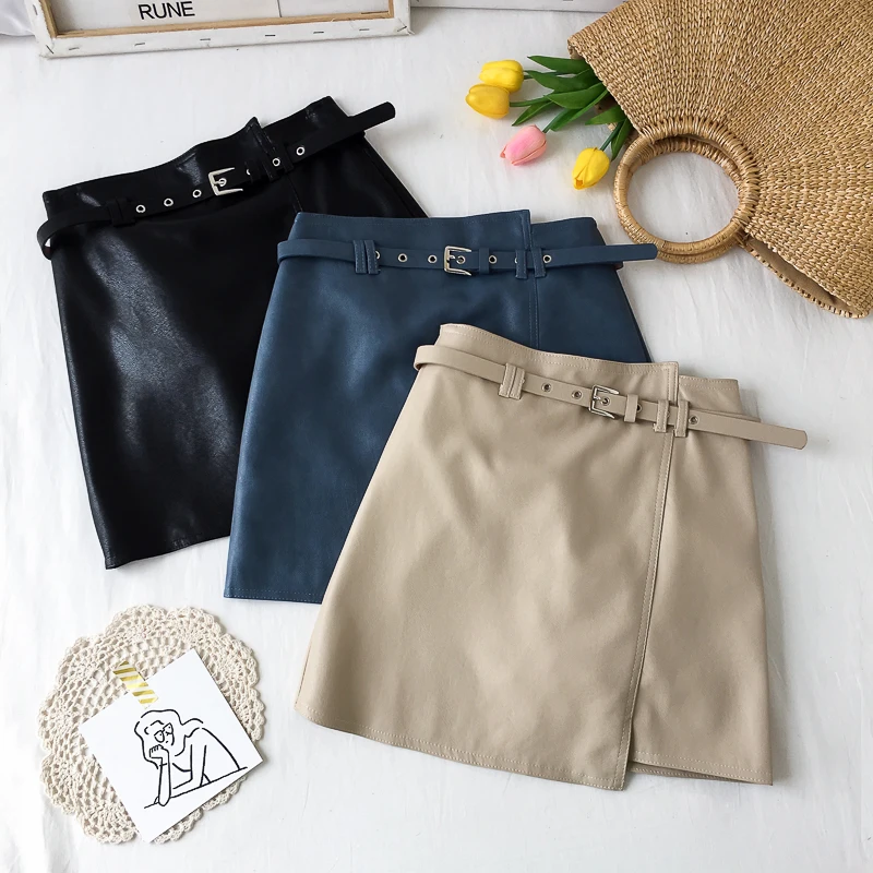 Весенняя женская юбка из искусственной кожи пояс необычная мини городская