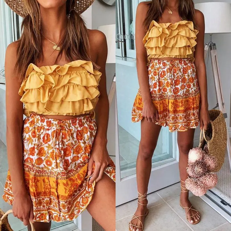 

Muyogrt 2021 Summer Vintage Floral Print Skirt Women Beach Ruffles Boho Style Casual High Waist Bohemian Mini Pleated Skirts