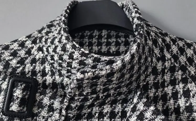 

Knee-length trench coat men's grey fall/winter 2021 new British mid-length houndstooth coat raglan collar clothes