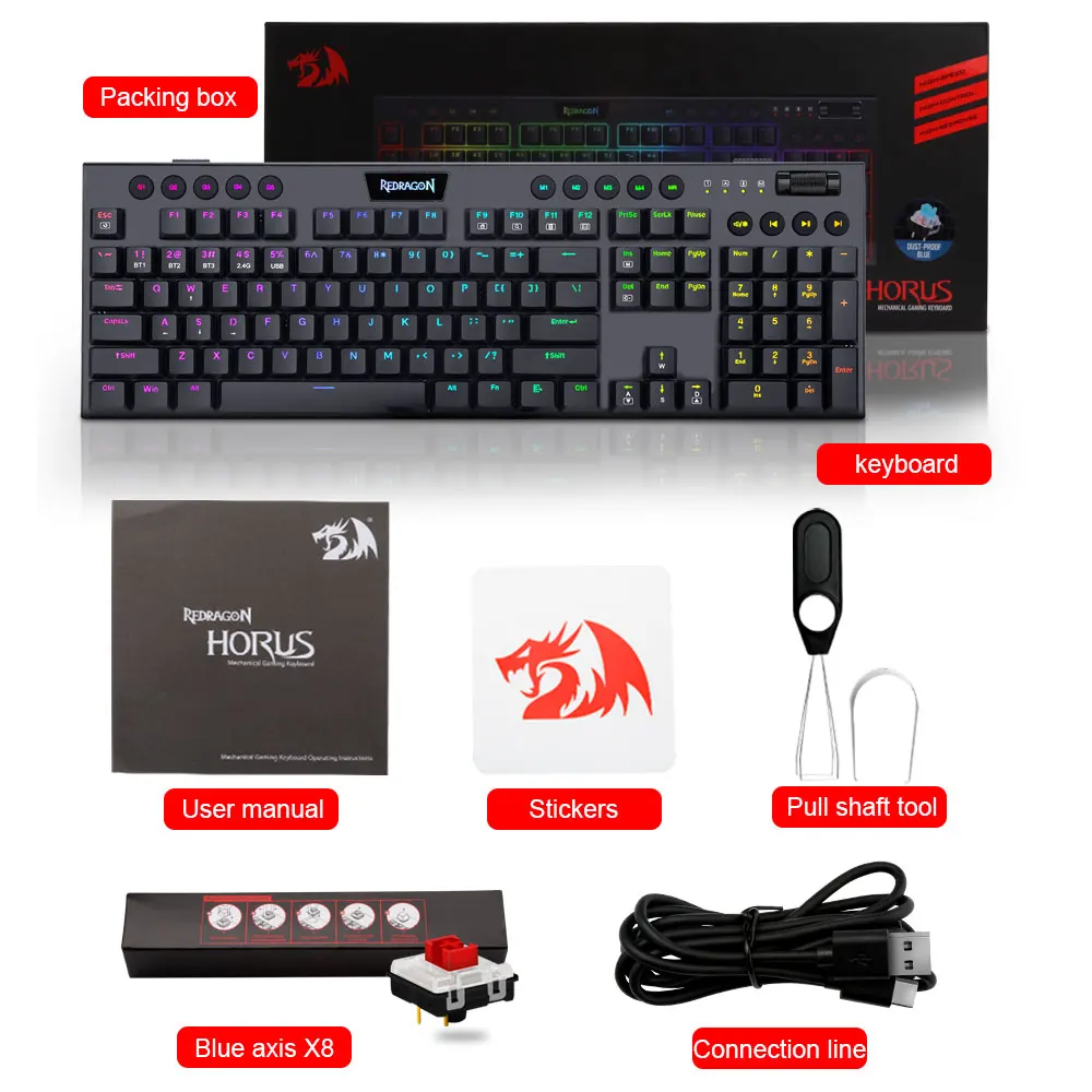 Redragon Horus K618 RGB поддержка Bluetooth 5 0 Беспроводная USB 2 4G 3 режима Механическая игровая