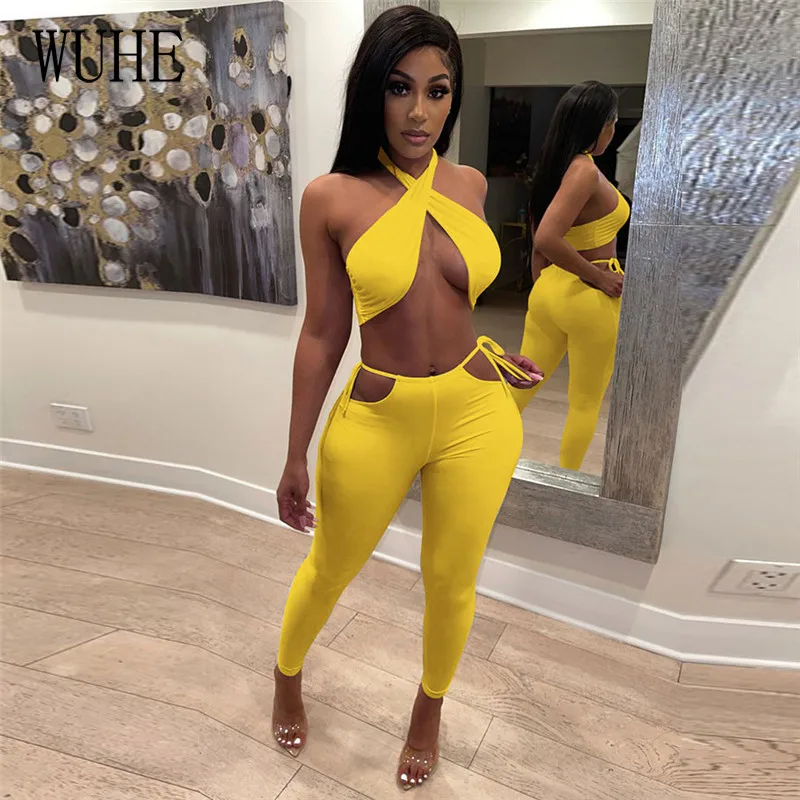 

YEYA с вырезами на шнуровке без рукавов с лямкой на шее укороченный топ + повязка посылка хип узкие брюки-карандаш уличная Повседневное Двойка