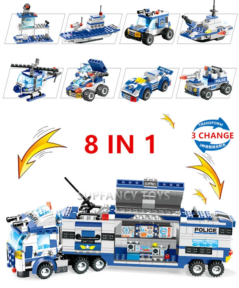 

8Pcs/lot Robot Aircraft Car City Armed Police SWAT Truck Brinquedos Building Blocks Sets DIY Juguetes Creator Bricks Kids Toys