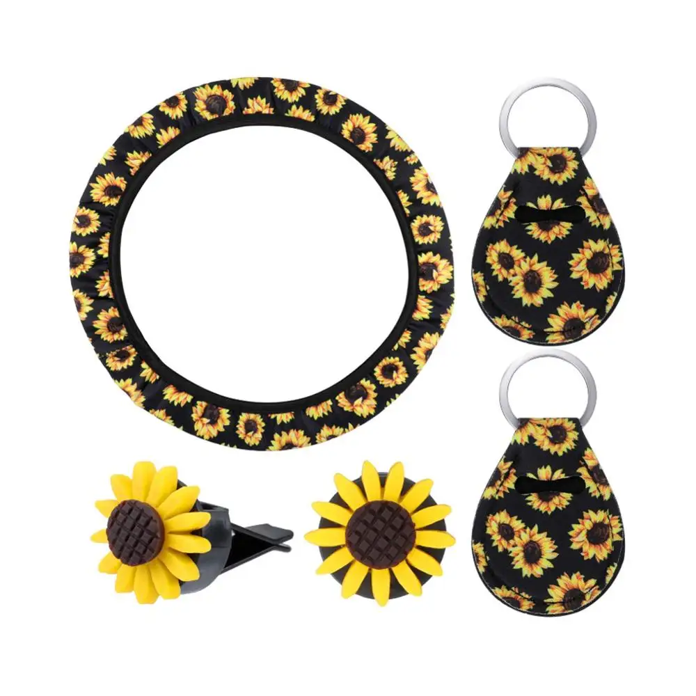 

Sunflower Print Car Steering Wheel Cover Seat Belt Pad Keychain Accessory Decor Universal Car Steering Wheel Cover Seat Belt Pad