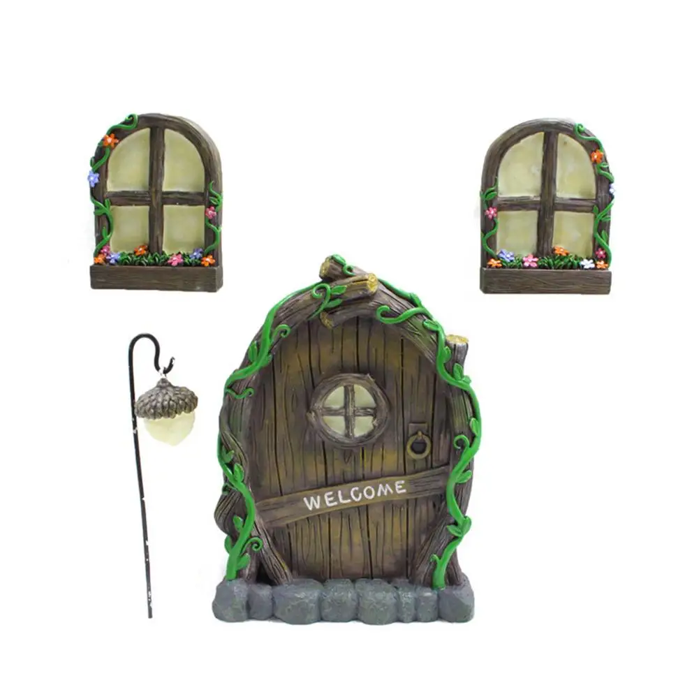 

Resin Miniature Fairy Door Set Glow In The Dark Fairy Garden Door And Windows Lamp Kit For Tree Stump Outdoor Garden Decoration