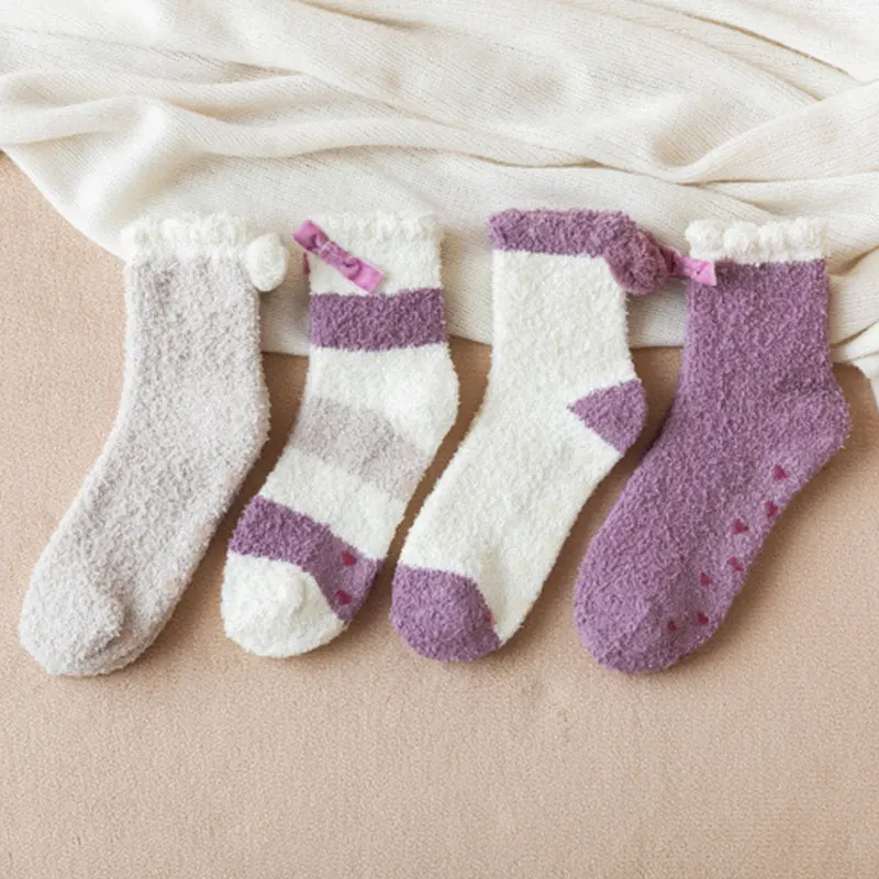 

Fashion Candy Color Socks Warm Socks Plush Sleeping Striped Fashion Coral Fleece Winter Thick Women Winter Cute Floor Socks