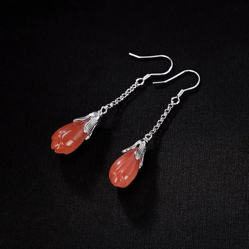 

Натуральные новые серебряные серьги Khotan из нефрита, инкрустированные магнолией, орхидеей, высокое качество, темпераментные женские очаров...