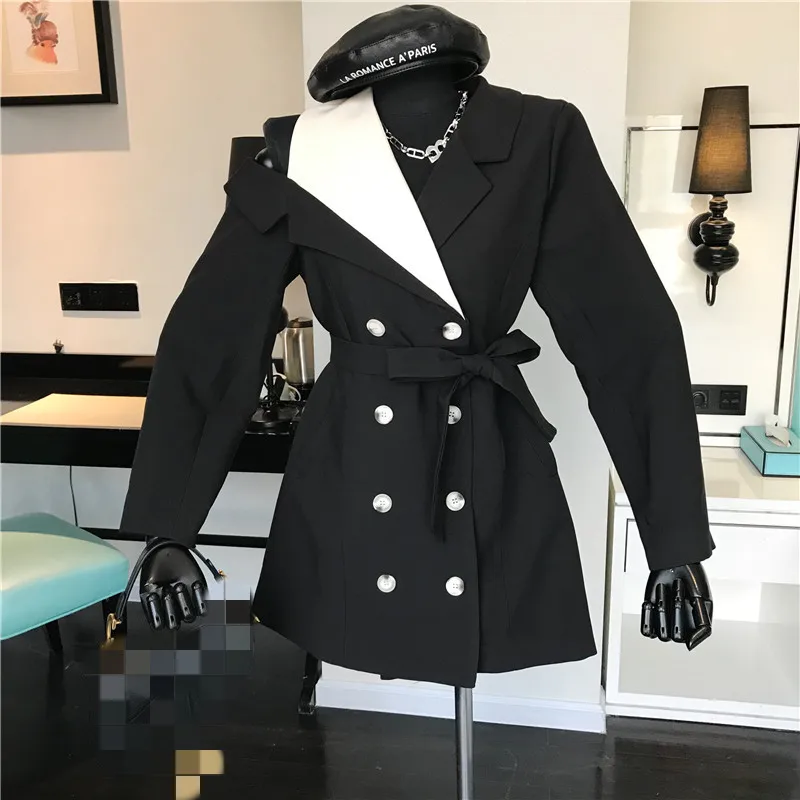 

Women's Spring 2021 Fashion design sense double breasted off-shoulder suit dress new temperament waist tie short coat