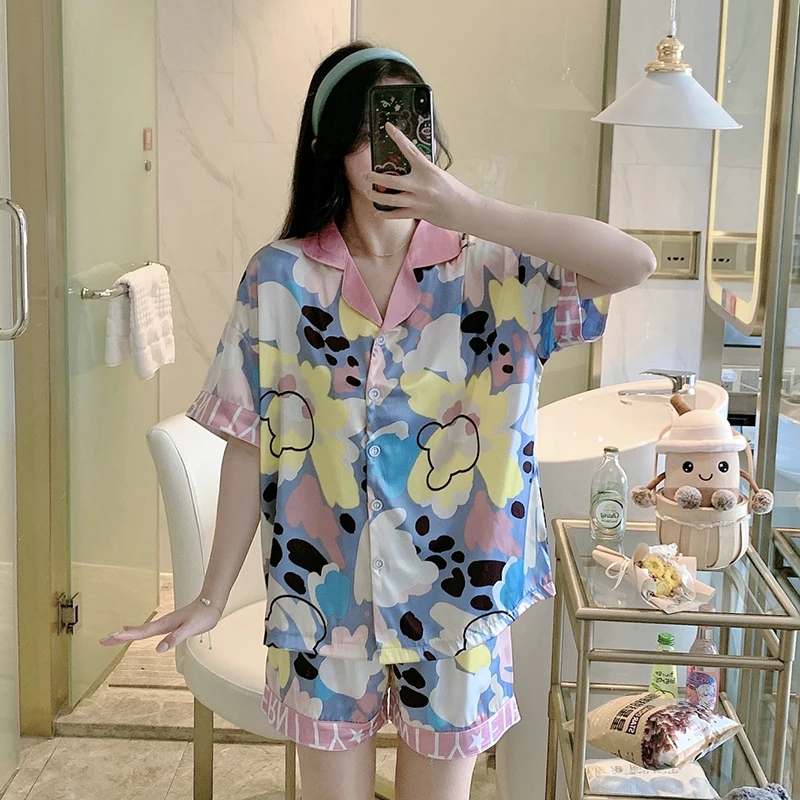 

Silk Nightgown Women Sleepwear Sexy Nighty Summer Pyjamas Plus Size Lapel Loose Version Pajama Set High Quality