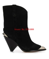 black suede lamsy boots metal toe cap multiple front straps pull on style chunky mid heel shoes