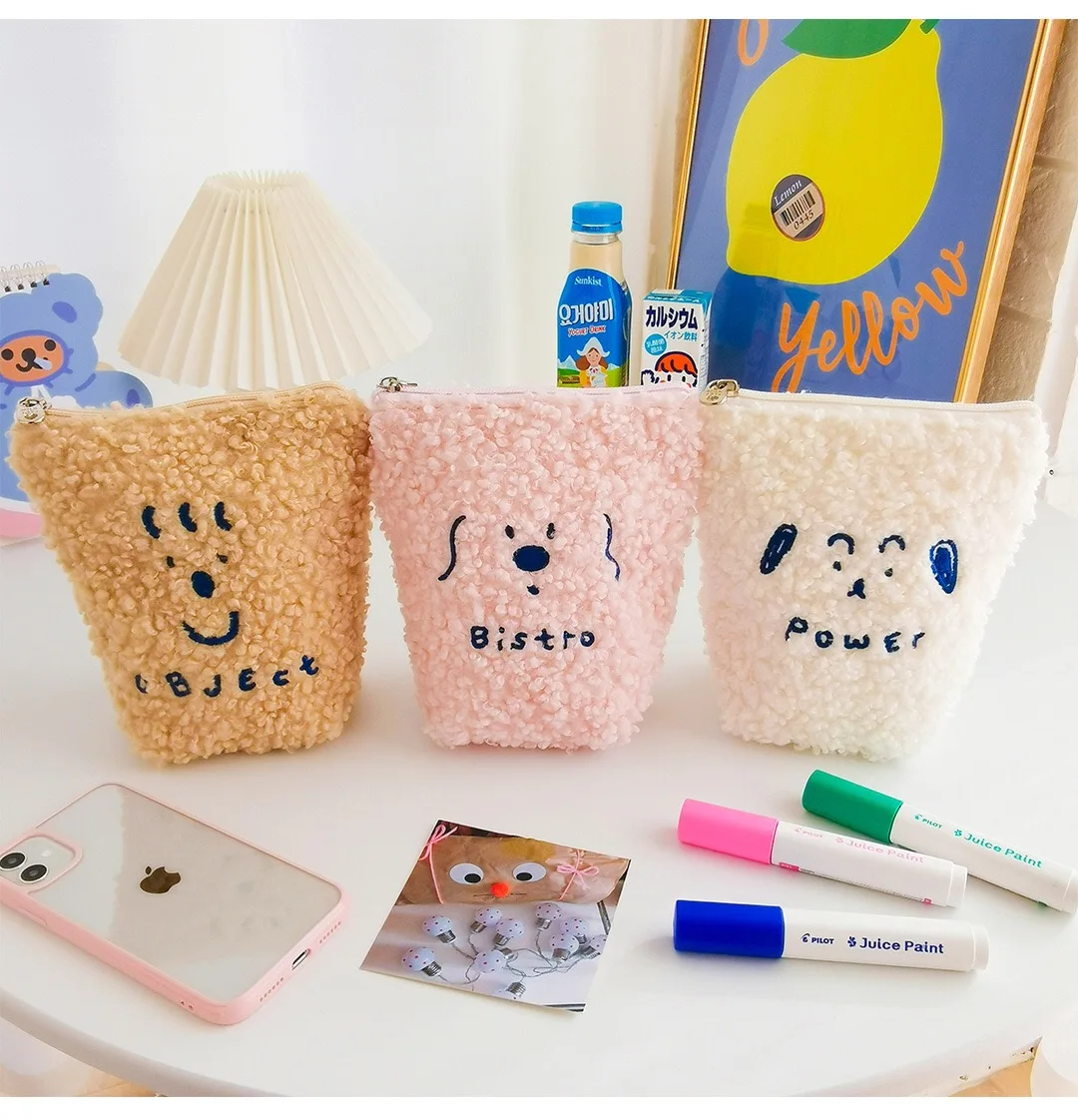 

Cute Embroidery Plush Cosmetic Bag School Student Pencil Case Soft Storage Box Kawaii Large Capacity Pen Box Cartoon Coin Purse