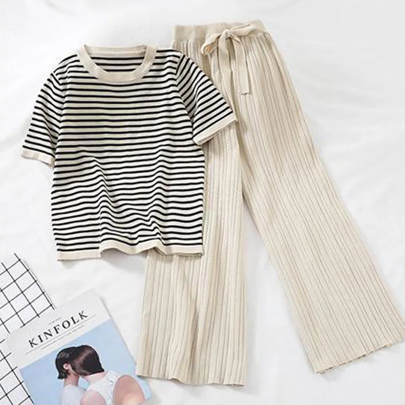

Fashion Stripe Patchwork Knitted Two Peice Set Women O-neck Short Sleeve T-shirt+Long Pants Casual Tracksuit