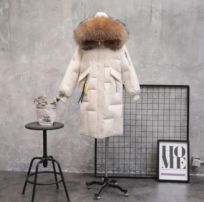 off white 3 Женский пуховик, зимняя теплая куртка на 90% белом утином пуху, длинное пальто с капюшоном и воротником из натурального меха, парка, женская зимняя верхняя одежда - Цвет: off white 3