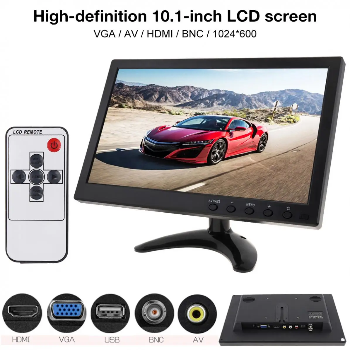 

10.1 Inch HD IPS TFT LCD Color Monitor Mini TV Computer 2 Channel Video Input Security Monitor with Speaker AV BNC VGA New