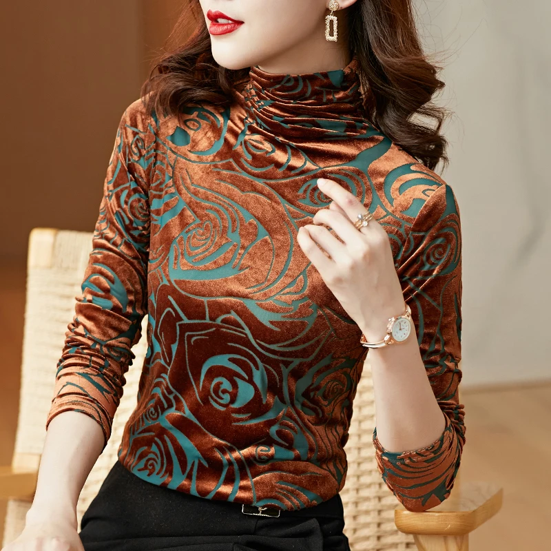

Velvet Bottoming Long Sleeve Women Blouses Autumn 2021 Womens Tops and Blouses Turtleneck Green Blusa Feminina Blusas Para Mujer