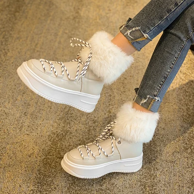

New Arrivial Thick-soled Lace-Up Snow Boots Genuine Leather Round Toe Lace-up Height Increasing Rabbit Fur Shoes Rear Zipper