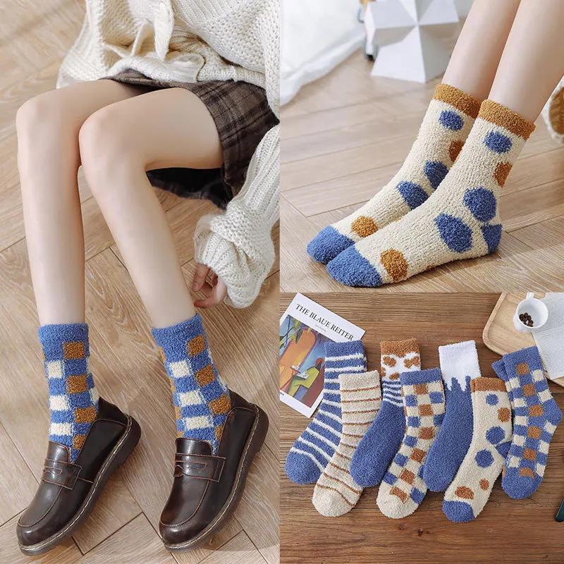 

British Style Plaid Mid-tube Socks Couple Coral Fleece Fashion Home Floor Socks Autumn Winter Warm Half Fleece Breathable Socks