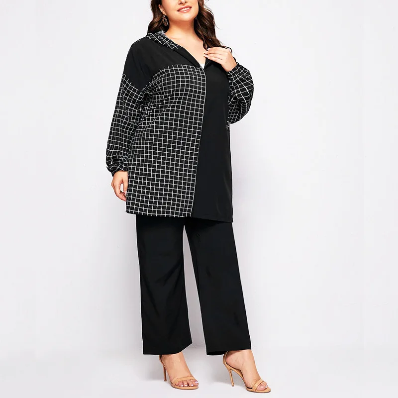 

2 Piece Sets Womens Outfits Plus Size Office Lady Two Piece Set Plaid Button Coat Wide-leg Pants Suit 2021 New Fashion Sets