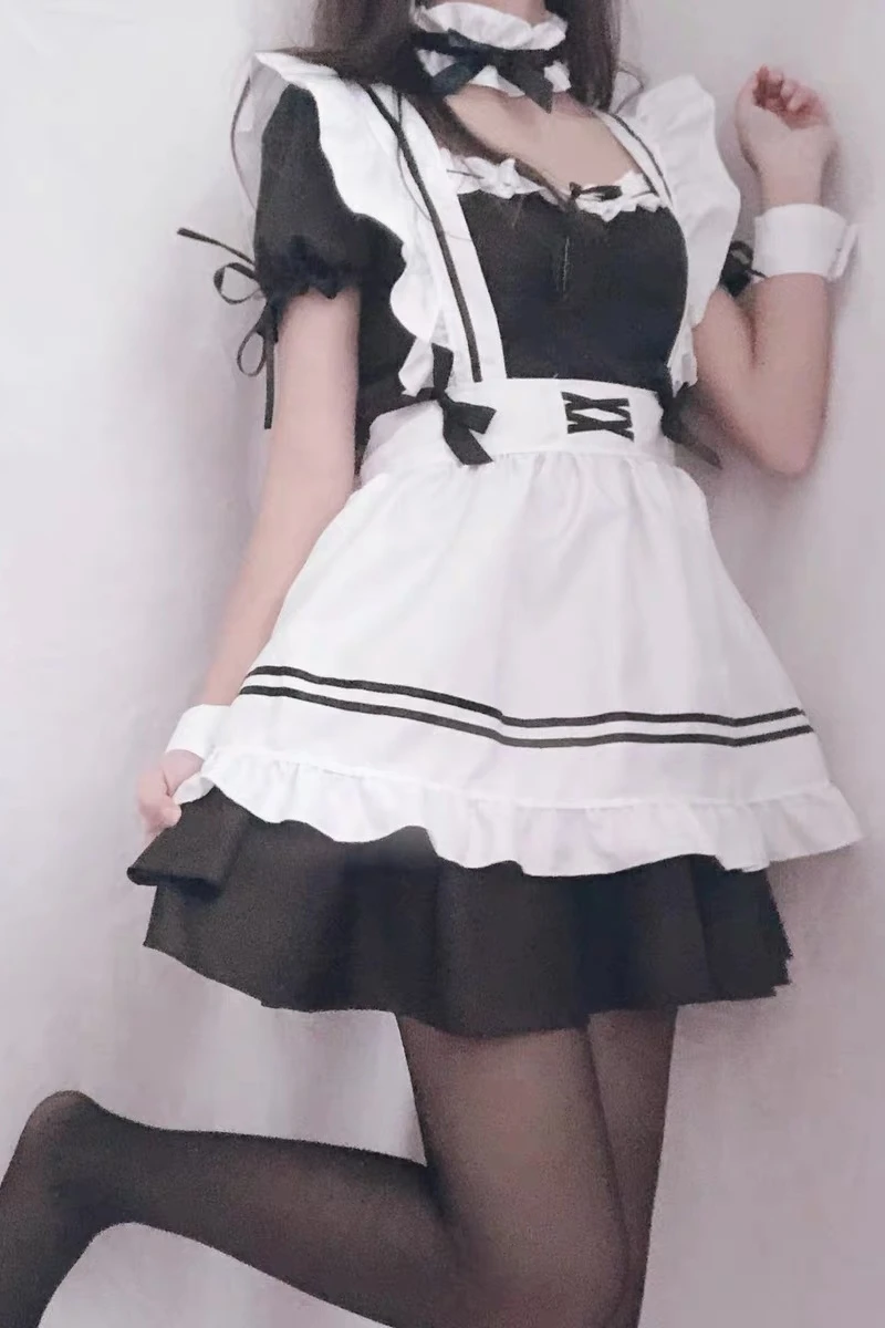 

2021 Black Cute Lolita Maid Costumes French Maid Dress Girls Woman Amine Cosplay Costume Waitress Maid Party Stage Costumes