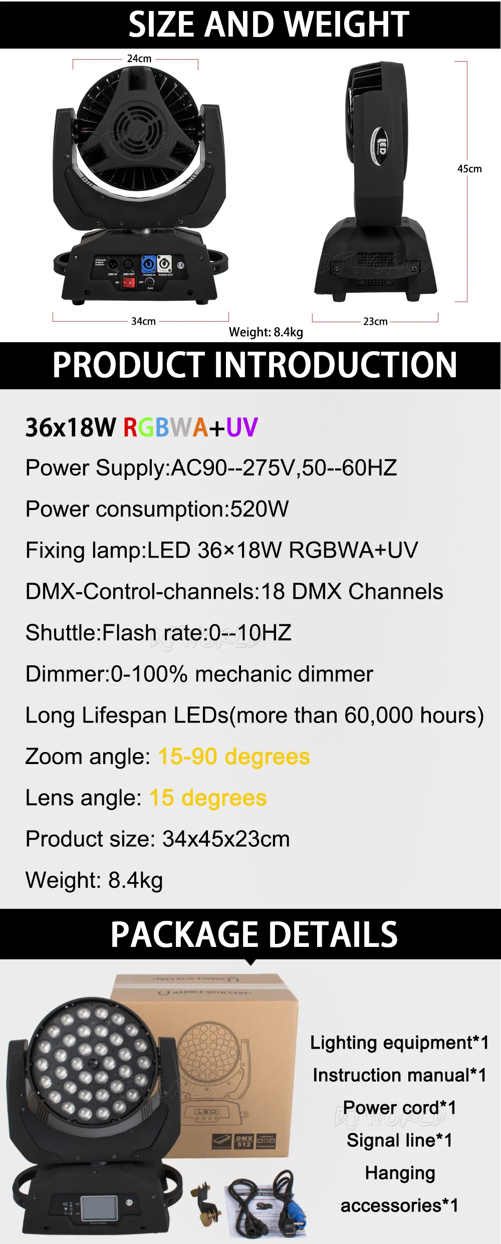 Светодиодный 36x18 Вт RGBWA+ УФ зум перемещение головы 6in1 светодиодный стирка DMX512 Прямая с фабрики Dj диско-сценическое освещение для вечерние обувь для ночного клуба