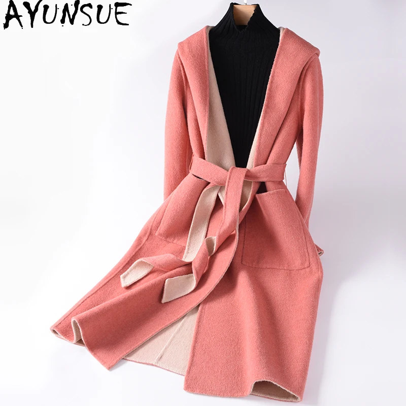 

Женское шерстяное пальто AYUNSUE, осенне-зимняя куртка с капюшоном, корейское двухстороннее длинное пальто из альпаки, мода 2020, Abrigos Para Mujer