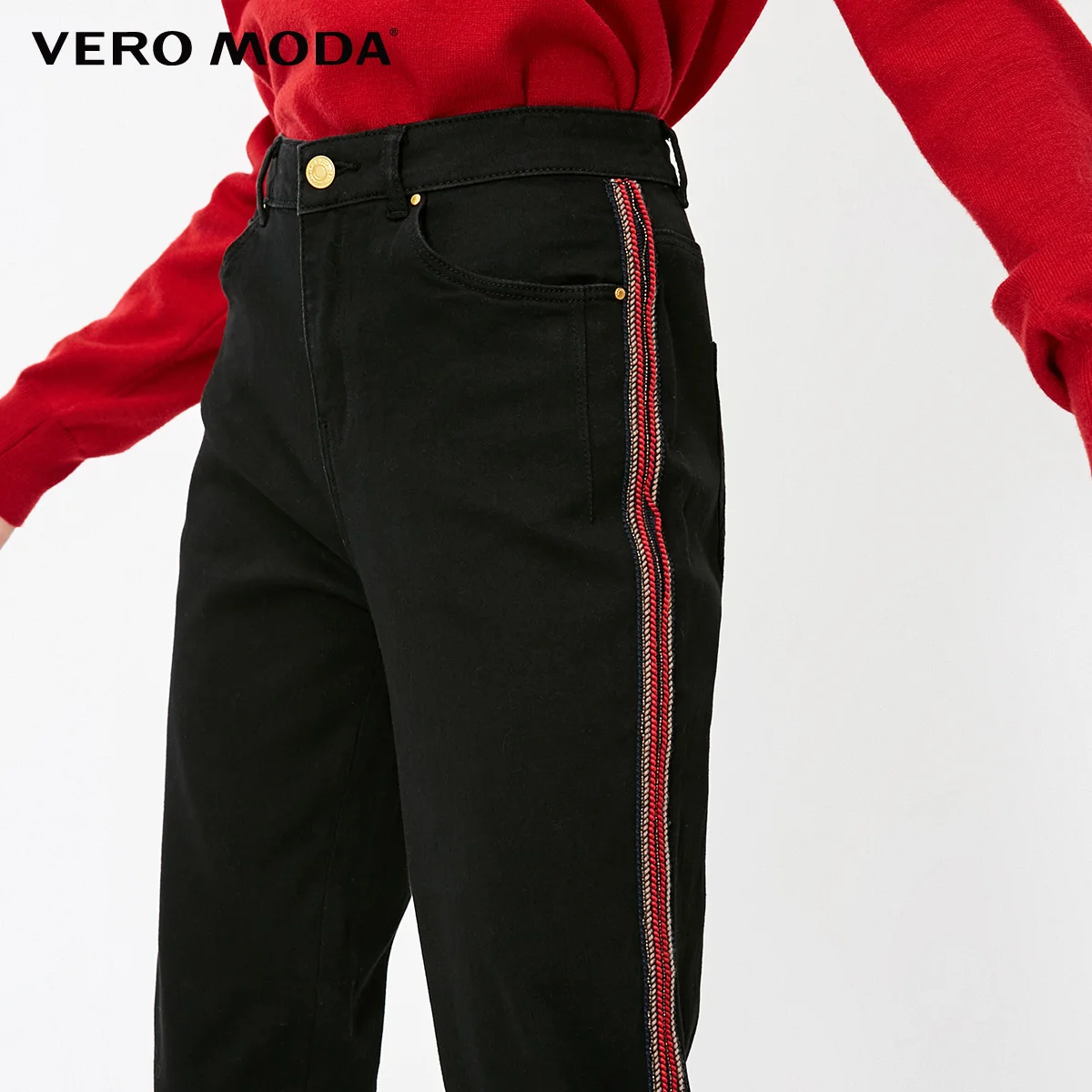 Vero Moda Новые поступления BF стиль боковые полоски прямые джинсы потертые | 318349577