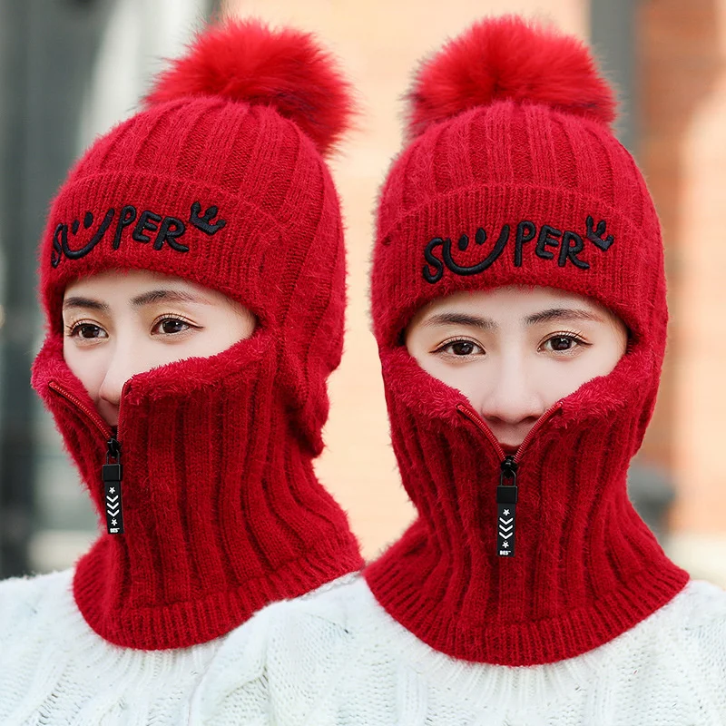 

Hat female autumn and winter Korean knitted wool hat thickened and plush warm ear protection Bib integrated hat cycling cover
