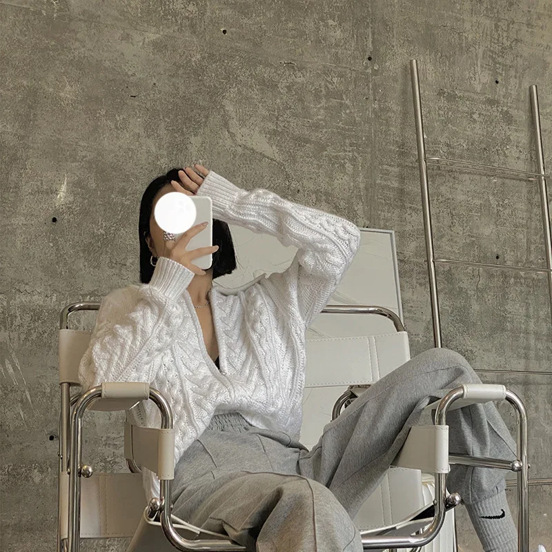 

Простой вязаный свитер на молнии с V-образным вырезом, разноцветный модный нейтральный кардиган в стиле ретро, Свободный кардиган с длинным рукавом, Y2k, кардиган на осень и зиму