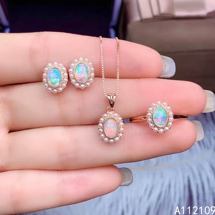 Fine Jewelry 925 Pure Silver Inset With Natural Gem Women's Luxury Trendy Pearl Oval White Opal Pendant Ring Earring Set Support