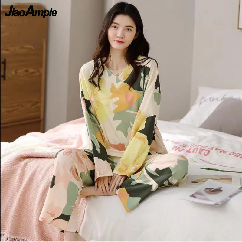 100% Cotton Pajamas Women's Autumn Winter Long-sleeved Trousers Pijamas Two-piece Korean Cartoon Loose Sleepwear Nightie Set