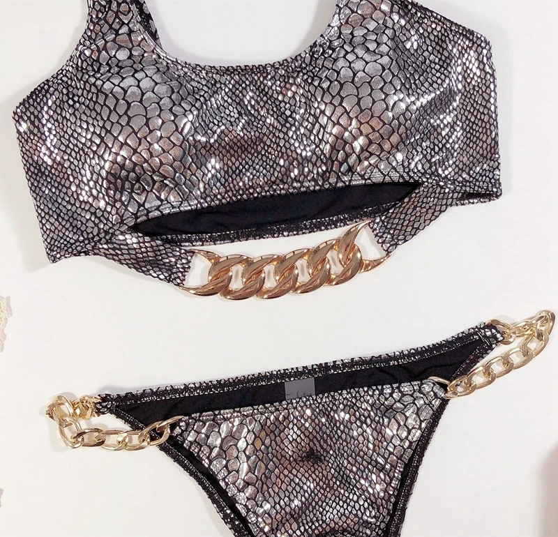 Металлическая цепь бикини Snakeprint купальник блестящее Cut Out Купальники Для женщин