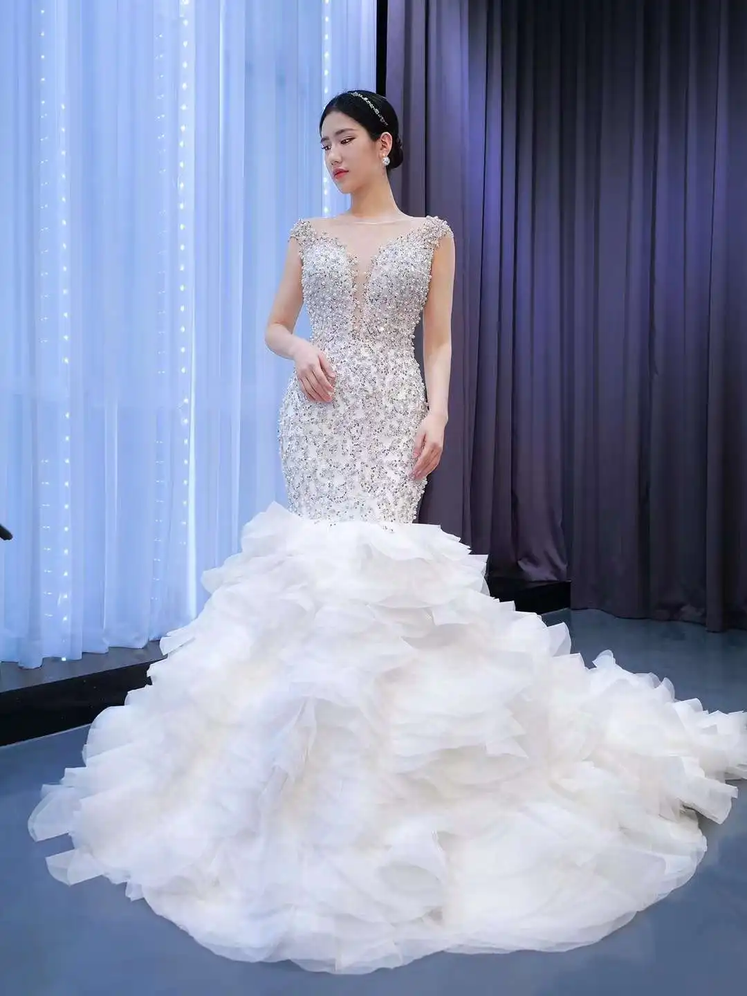 

Fit and Flare Mid Back Cap Sleeve Long Train Beading Pearls Tulle Mermaid Wedding Dress African