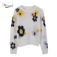 runway womens short pullover sweater 2021 fall fashion thin round neck floral fluffy knit mohair ladies jumper b 081