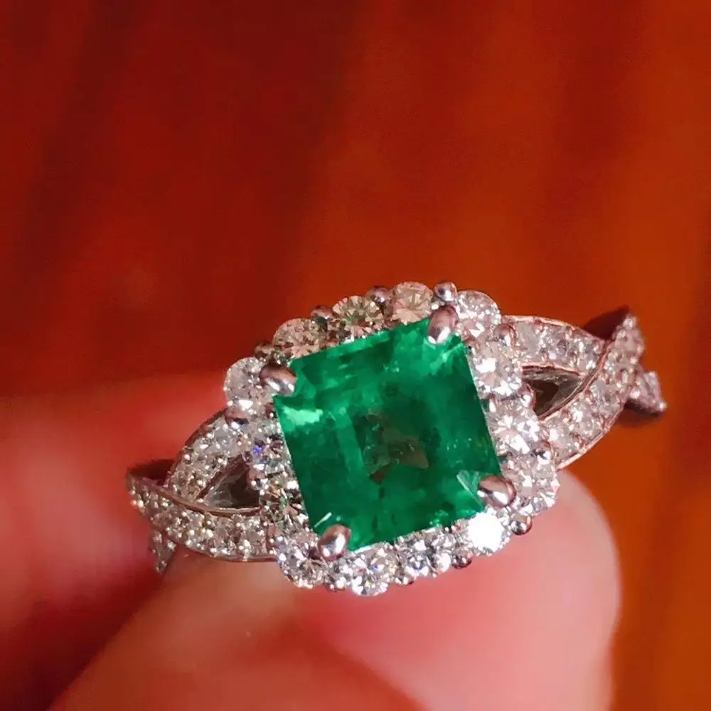

100% Natural 1.5ct Emerald Gemstone 0.58ctw Diamond Female's Wedding Rings for Women Ring Pure 18K White Gold