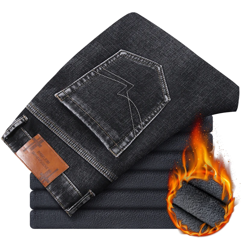 

2020 autumn winter new men's warm jeans stretch straight slim trousers thickened business casual fashion pants anti-theft zipper