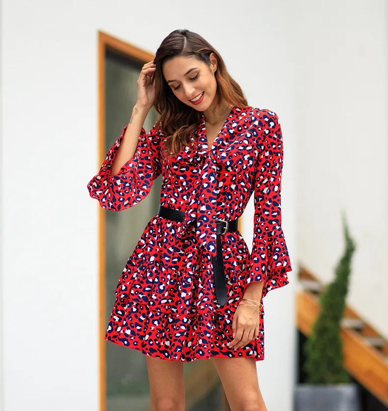 

woman dress above knee Mini flare sleeve sexy 2020 Europe style hot turn-down neck print sheath slim sashes A-line female dress