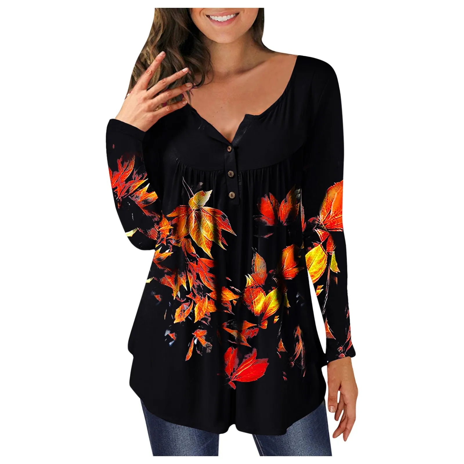 

Women's Long Sleeve V-neck T-shirt Tops Fashion Leaf Print Pullover Shirt Casual Spring Autumn Tunic Tops Women's Clothing#fs
