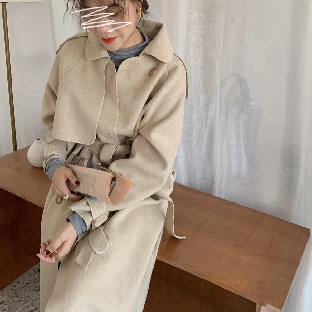 

2021 Autumn Winter Women Polar Cashmere Woolen Coats Belted Elegant Female Casual Loose Double Breasted Jackets Outerwear WJ150