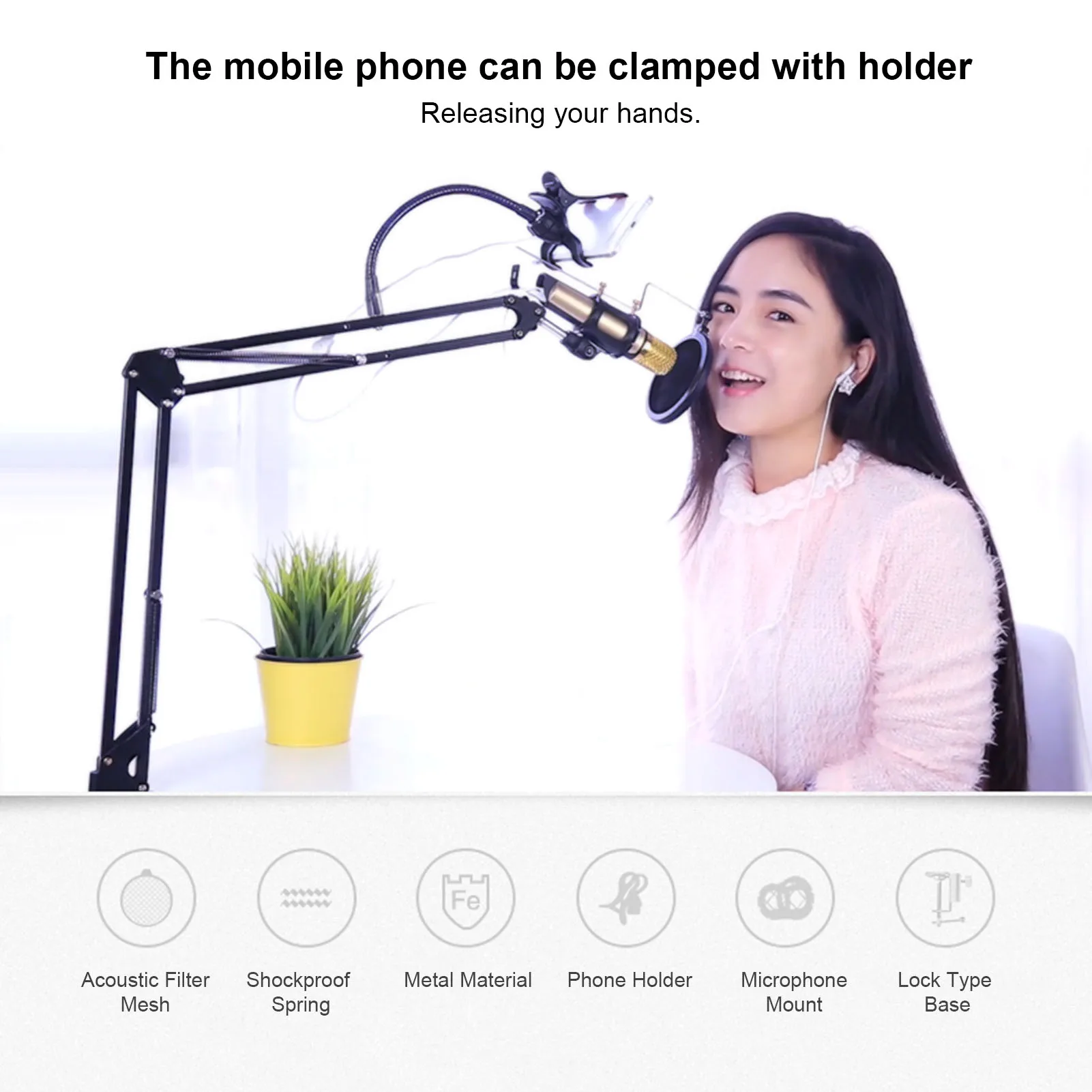 

D6 Mic Stand Adjustable Microphone Suspension Arm Stand with Shock Mount Mobile-Phone Holder for Live Broadcasting Podcast